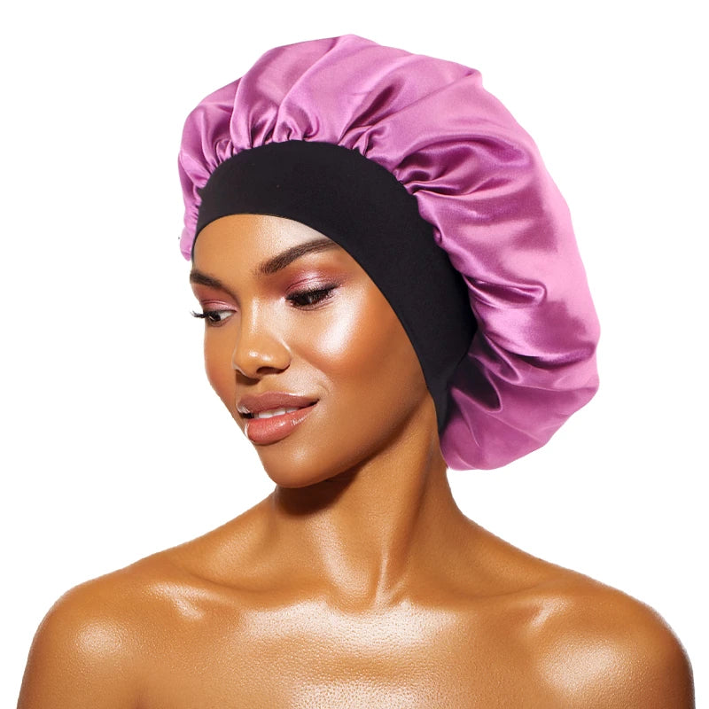 Women's Satin Solid Bonnets Wide-brimmed Night Sleeping Bathing Hat Unisex Head Wrap Elastic Band Cap Hair Care Bonnet