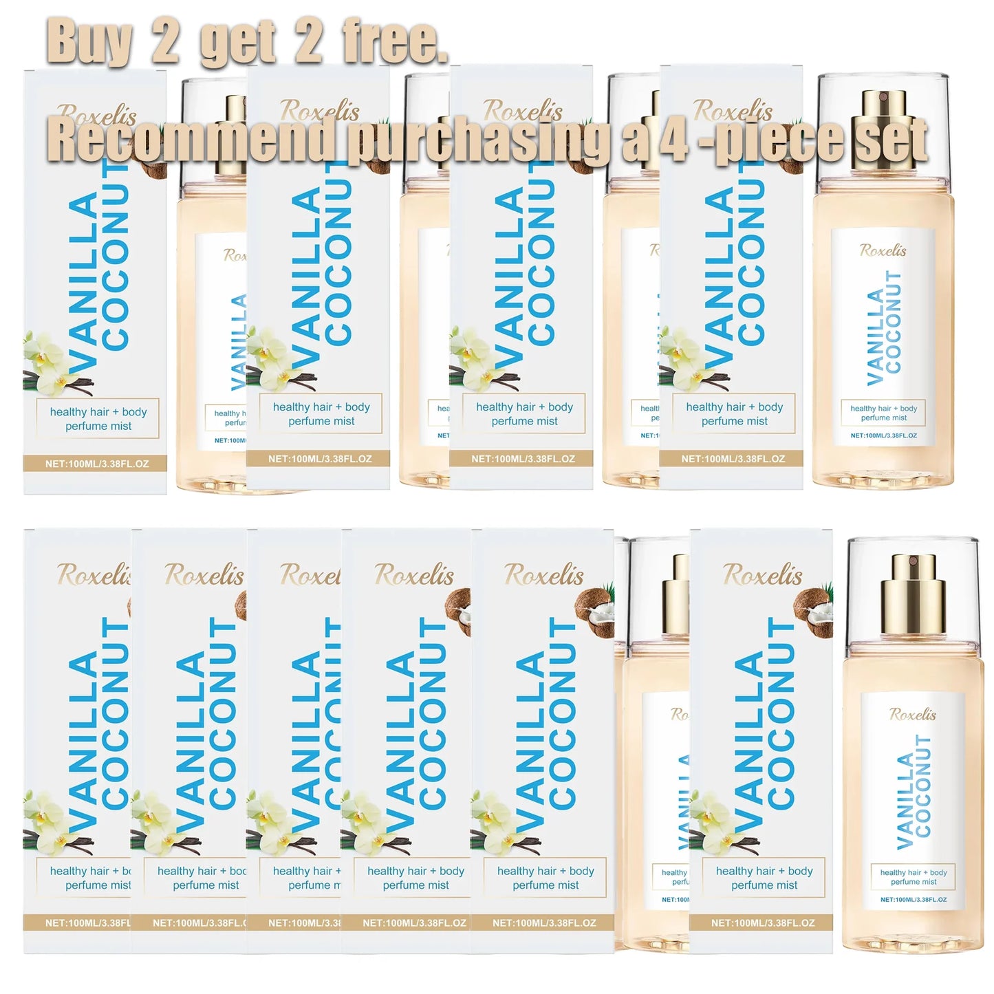 Roxelis Vanilla Coconut Body Mist - Unisex Long Lasting Fragrance, Portable Hair & Body Spray for Daily Use