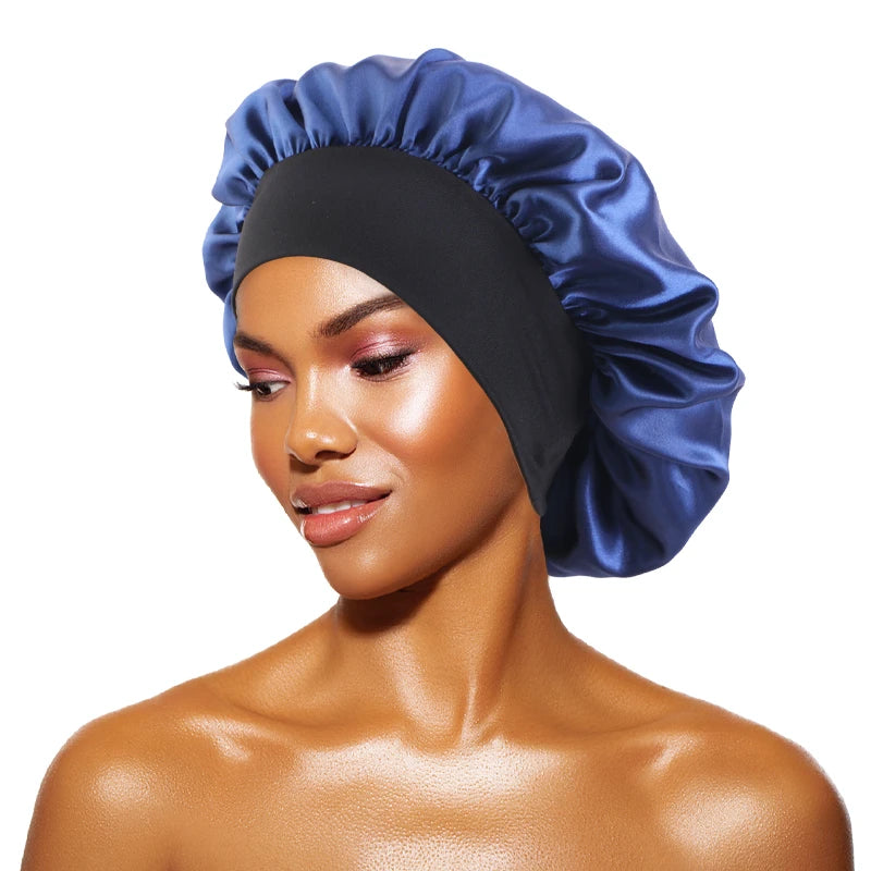 Women's Satin Solid Bonnets Wide-brimmed Night Sleeping Bathing Hat Unisex Head Wrap Elastic Band Cap Hair Care Bonnet