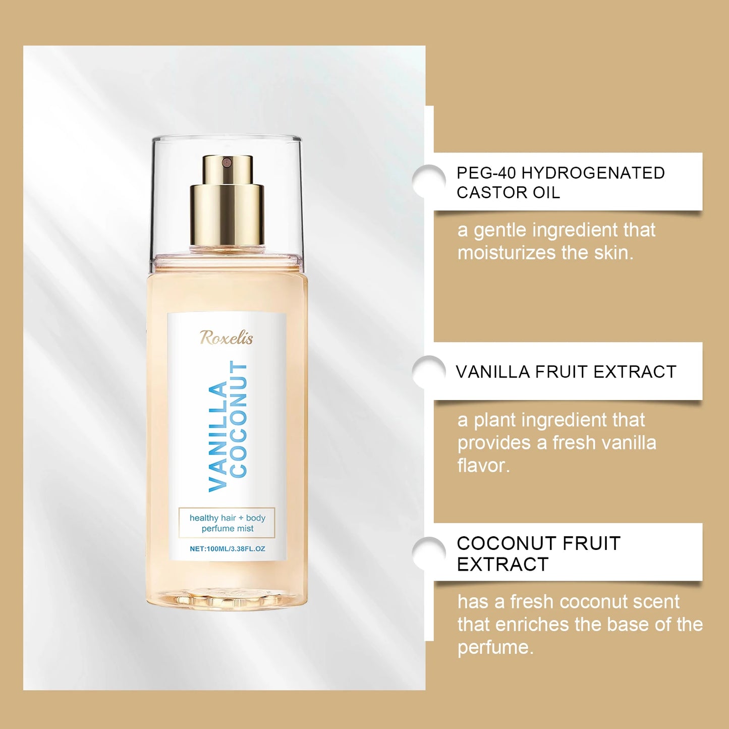 Roxelis Vanilla Coconut Body Mist - Unisex Long Lasting Fragrance, Portable Hair & Body Spray for Daily Use