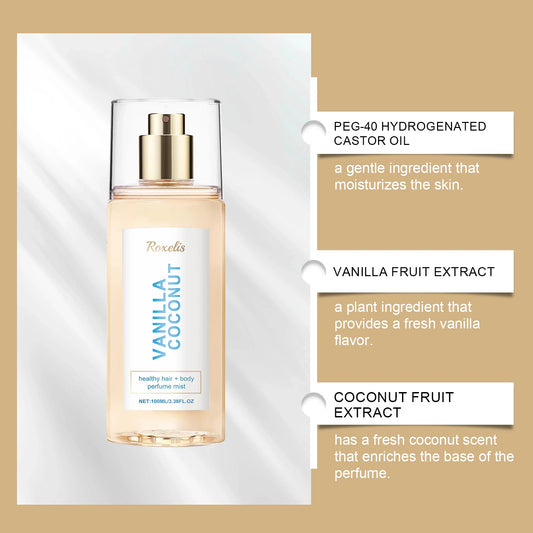 Roxelis Vanilla Coconut Body Mist - Unisex Long Lasting Fragrance, Portable Hair & Body Spray for Daily Use