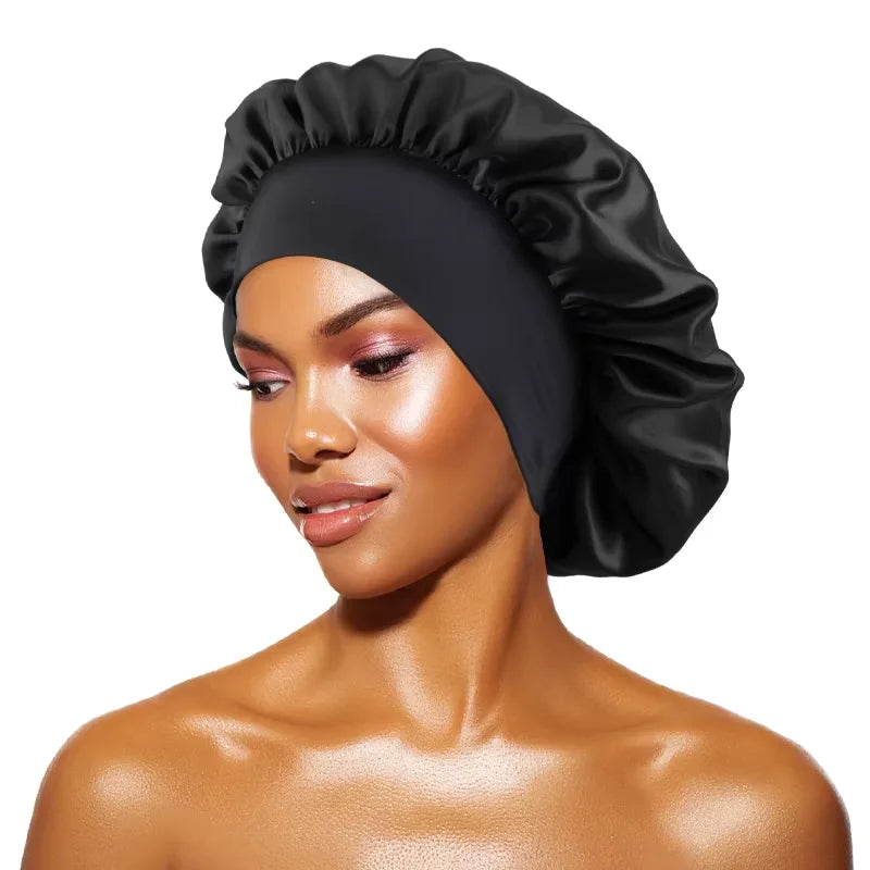 Women's Satin Solid Bonnets Wide-brimmed Night Sleeping Bathing Hat Unisex Head Wrap Elastic Band Cap Hair Care Bonnet