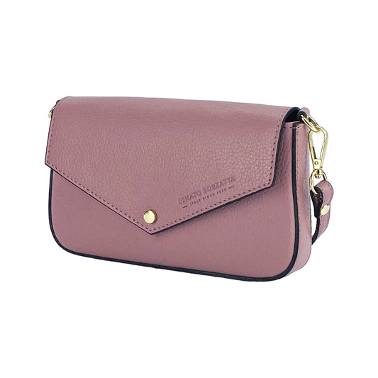 RB1023AZ | Small Shoulder Bag with Removable Chain Strap in Genuine Leather Made in Italy. Flap Closure. Polished Gold Metal Accessories - Antique Pink Color - Dimensions: 22 x 12 x 3 cm-0