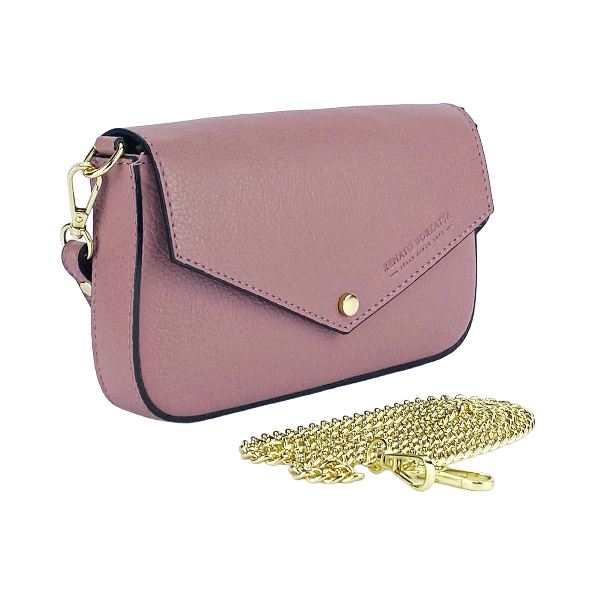 RB1023AZ | Small Shoulder Bag with Removable Chain Strap in Genuine Leather Made in Italy. Flap Closure. Polished Gold Metal Accessories - Antique Pink Color - Dimensions: 22 x 12 x 3 cm-2