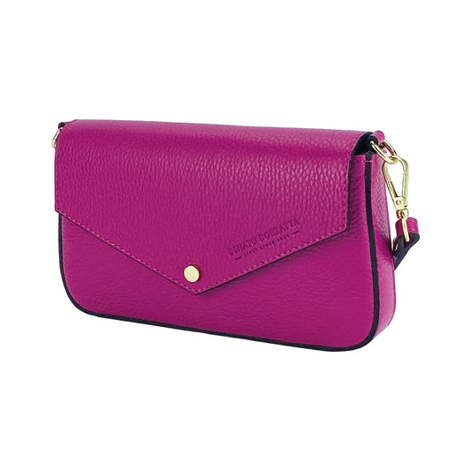 RB1023BE | Small Shoulder Bag with Removable Chain Strap in Genuine Leather Made in Italy. Flap Closure. Polished Gold Metal Accessories - Fuchsia Color - Dimensions: 22 x 12 x 3 cm-0