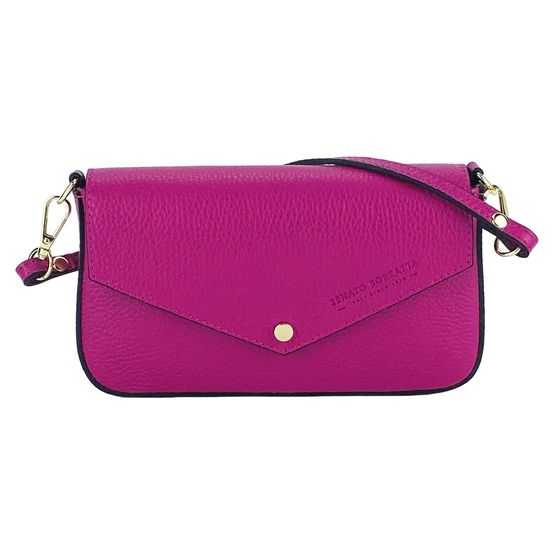 RB1023BE | Small Shoulder Bag with Removable Chain Strap in Genuine Leather Made in Italy. Flap Closure. Polished Gold Metal Accessories - Fuchsia Color - Dimensions: 22 x 12 x 3 cm-1