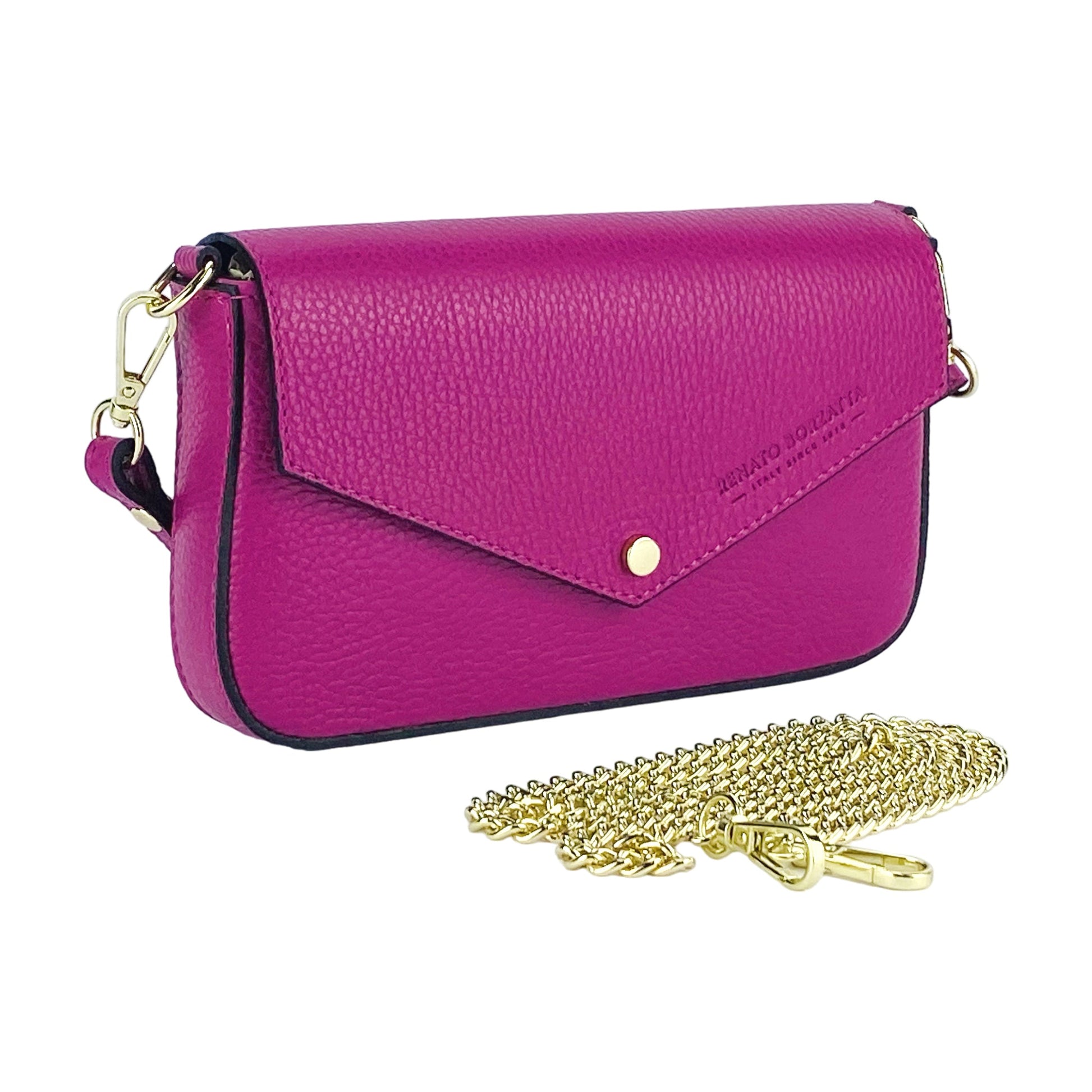 RB1023BE | Small Shoulder Bag with Removable Chain Strap in Genuine Leather Made in Italy. Flap Closure. Polished Gold Metal Accessories - Fuchsia Color - Dimensions: 22 x 12 x 3 cm-2
