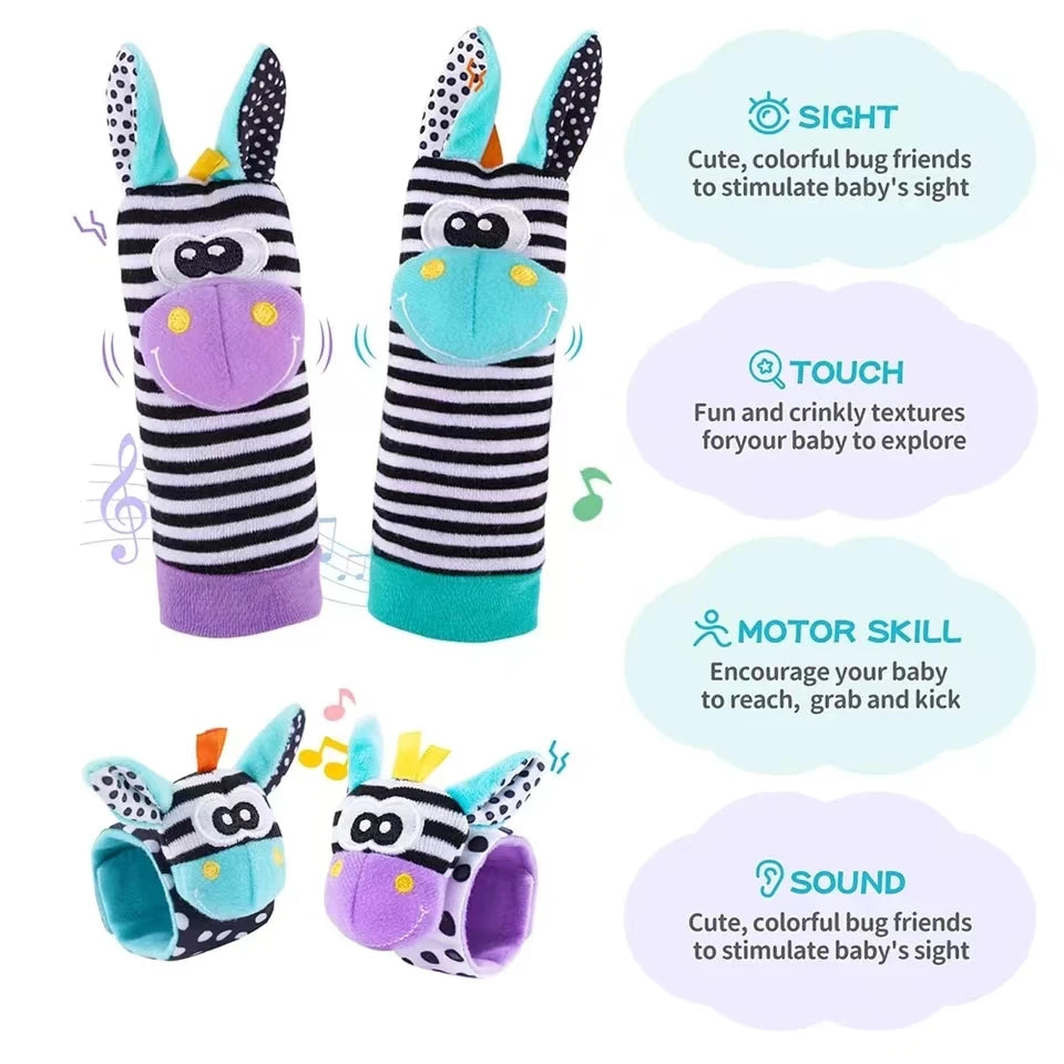 4pcs Baby Rattle Toys Cute Stuffed Animals Wrist Rattle Foot Finder Socks 0~24 Months for Infant Boy Girl Newborn Gift