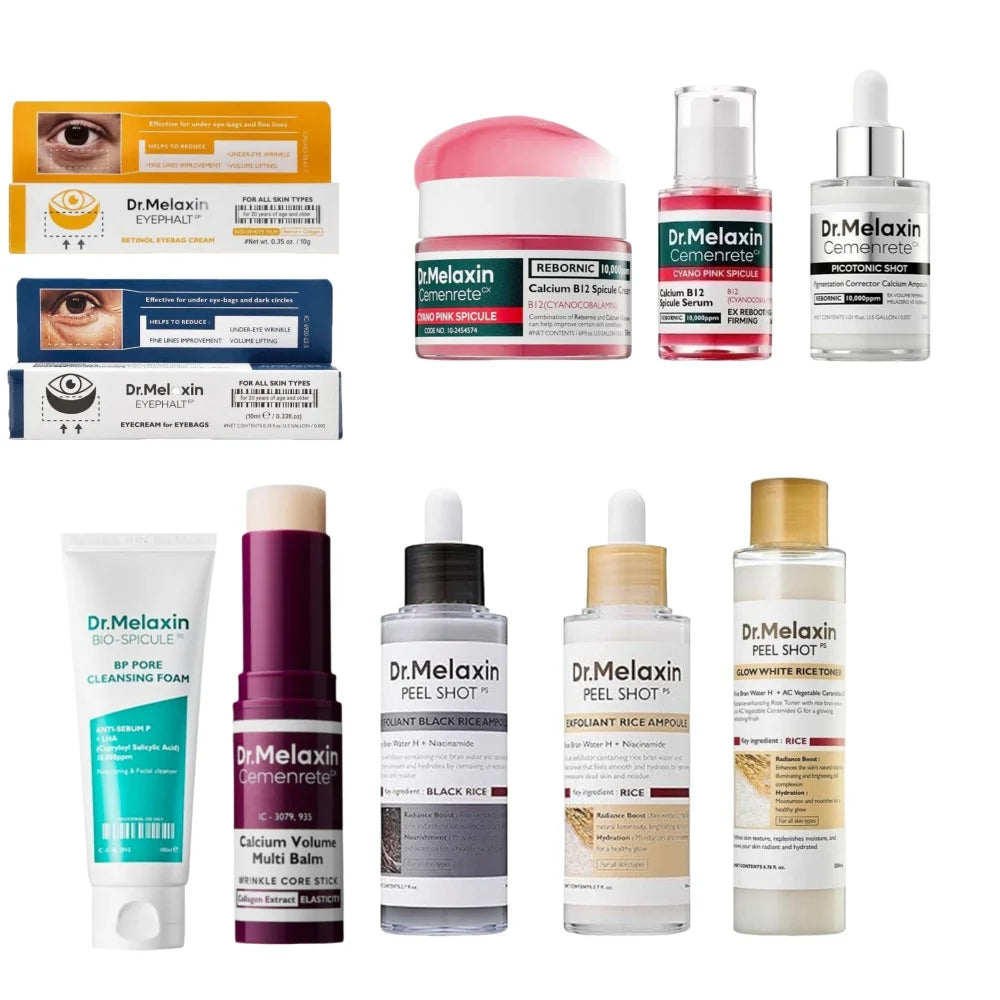 Korean Dr. Melaxin Rice Exfoliating Serum & Facial Care Kit - Moisturizing Stick, Anti-Wrinkle Eye Cream Cleanser Skin care