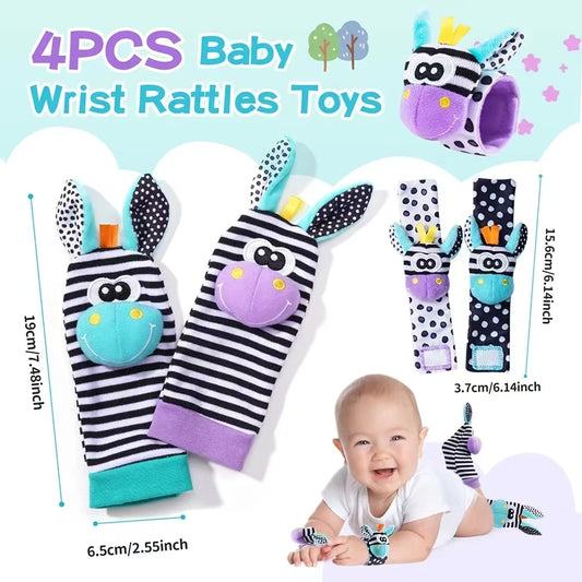 4pcs Baby Rattle Toys Cute Stuffed Animals Wrist Rattle Foot Finder Socks 0~24 Months for Infant Boy Girl Newborn Gift
