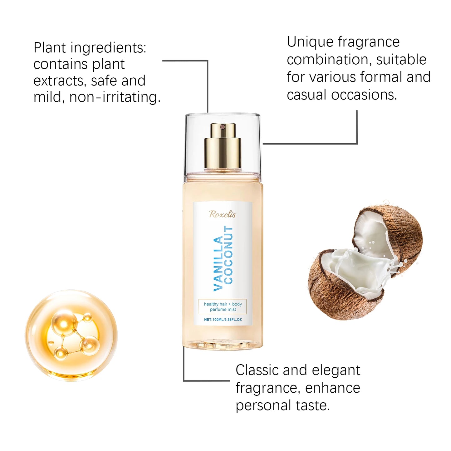 Roxelis Vanilla Coconut Body Mist - Unisex Long Lasting Fragrance, Portable Hair & Body Spray for Daily Use