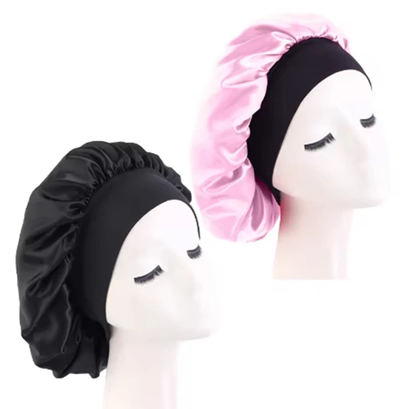 Women's Satin Solid Bonnets Wide-brimmed Night Sleeping Bathing Hat Unisex Head Wrap Elastic Band Cap Hair Care Bonnet