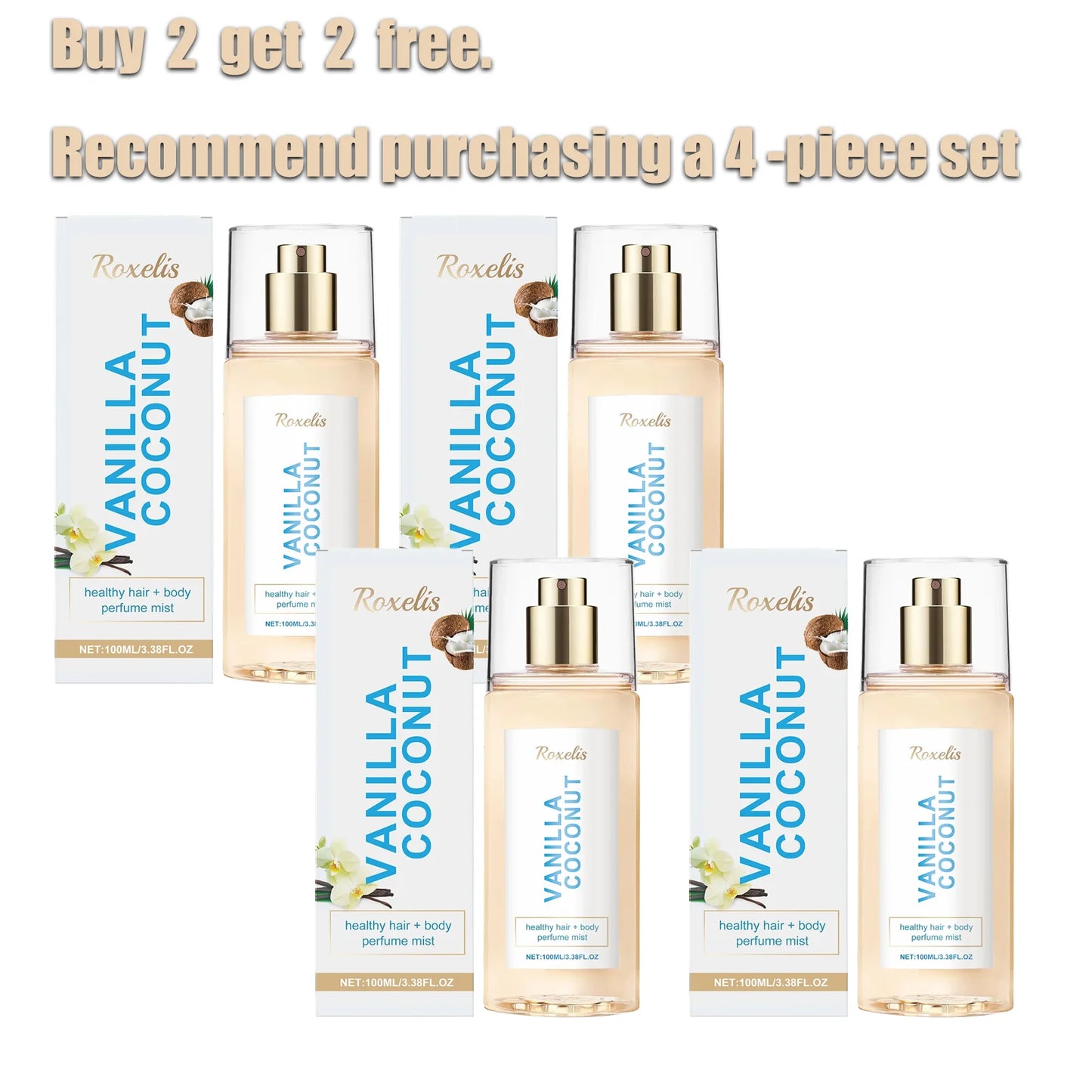 Roxelis Vanilla Coconut Body Mist - Unisex Long Lasting Fragrance, Portable Hair & Body Spray for Daily Use