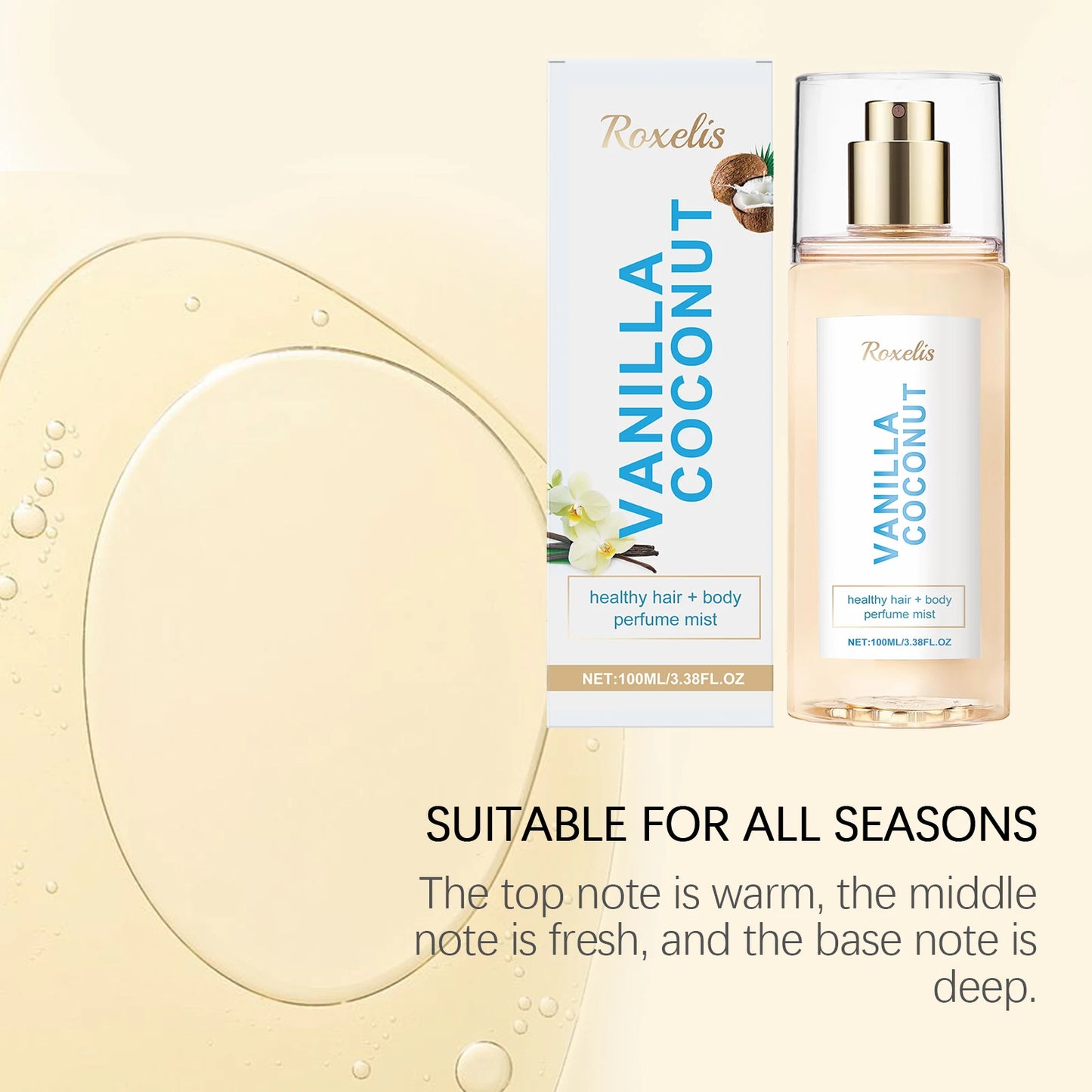 Roxelis Vanilla Coconut Body Mist - Unisex Long Lasting Fragrance, Portable Hair & Body Spray for Daily Use